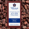 Product photo of Tascala 47% Milk Chocolate Ucayali River Peru package with background of cocoa beans
