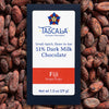 Product photo of Tascala 71% Fiji dark milk chocolate bar with background of cocoa beans