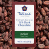 Product photo of a Tascala 71% Belize dark chocolate bar package with background of cocoa beans