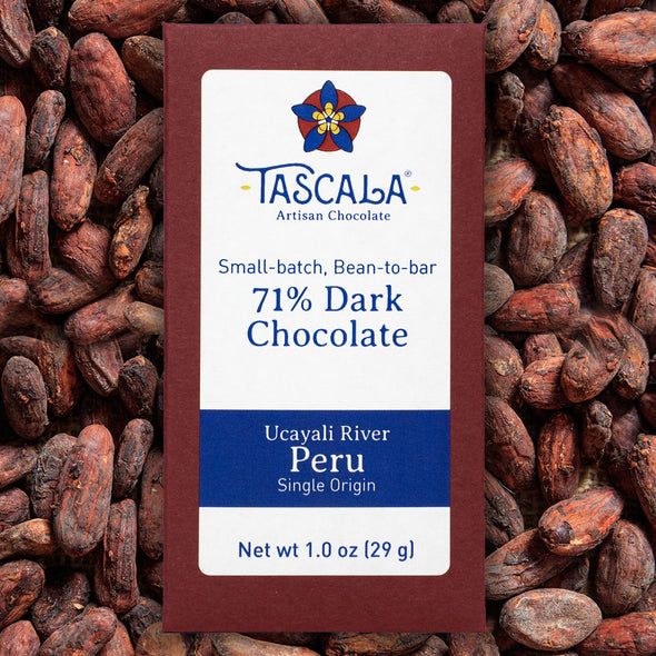 Product photo of Tascala 71% Peru Ucayali River dark chocolate bar with background of cocoa beans