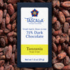 Product photo of Tascala 71% Tanzania Kokoa Kamili dark chocolate bar with background of cocoa beans
